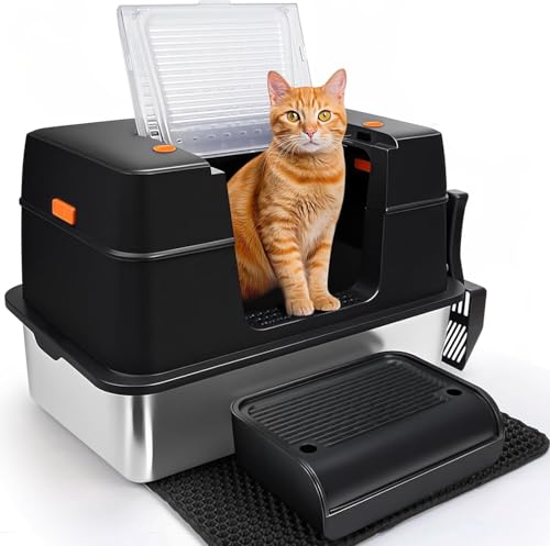 SZEETECH Edelstahl Katzenklo XL, Katzentoilette mit Deckel Groß, Katzenklo mit hohem Rand, Leicht zu Reinigen, Halb/Voll-Geschlossene Edelstahl...