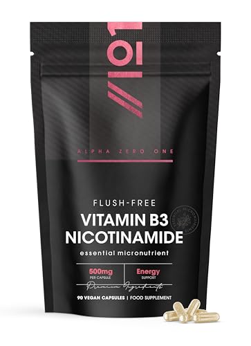 Vitamin B3 Nicotinamide (Niacinamide) 500mg No-Flush Niacinamide 90 Vegan Capsules - Resealable and Recyclable Pouch by Alpha01