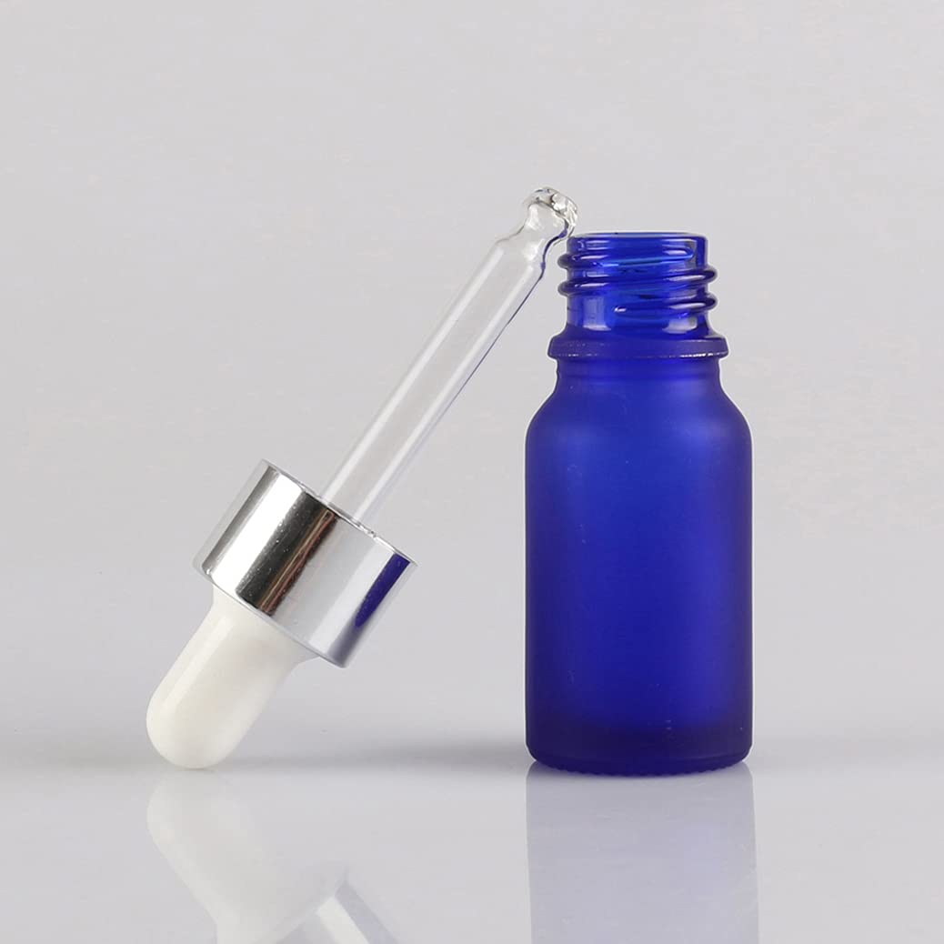 24 Pezzi Blu Opaco Bottiglie Contagocce in Vetro 10 ml, Ambra Vuoto Flaconi con Pipetta Contagocce d'argento, per Olio Essenziale, Aromaterapia con Imbuti