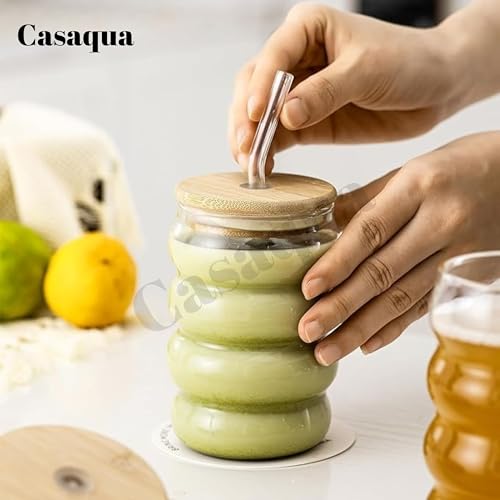 Image of Glass Tumbler with Bamboo Lid & Glass Straw - 500ML, Set of 1, Ribbed Drinking Glass Cup, Reusable Iced Coffee Cup, Borosilicate Glass Tumbler for Juice, Tea, Water & Cold Drink