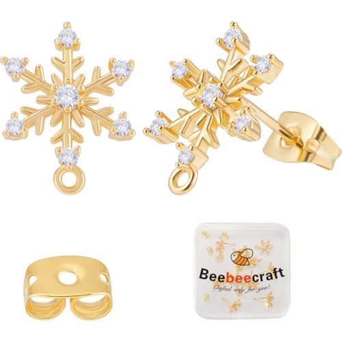 Beebeecraft 1 Box 12Pcs Snowflake Earring Posts with Loop and Ear Nuts 18K Gold Plated Brass Earring Studs Christmas Cubic Zirconia Winter Stud Earring Findings for Christmas New Year Jewelry Making