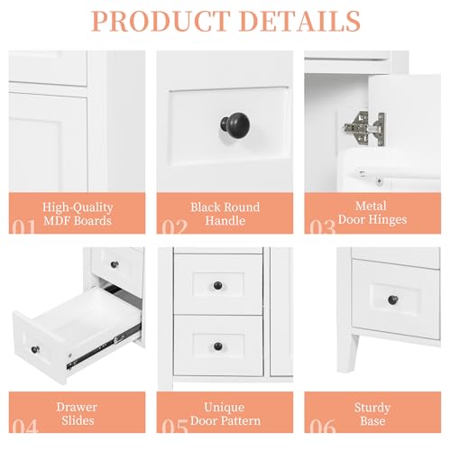 Image of 30 inch Bathroom Vanities with Top Set, Cabinet with Multi-Functional Tip-Out Drawer and Adjustable Shelf, Soft-Closing Door, Solid Wood Legs, White