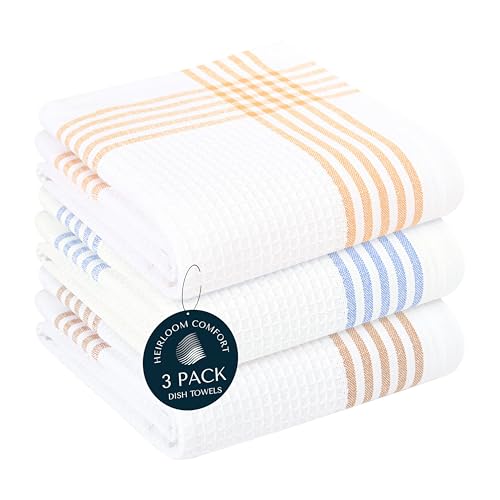 HEIRLOOM COMFORT Multi White Waffle Kitchen Towels 3 Pack, 100% Cotton, 16x26 Inch, Ultra Absorbent, Fast Dry Dish Towels, Reusable Dishcloths for Drying, Cleaning, Mustard Yellow, Sky Blue, Brown