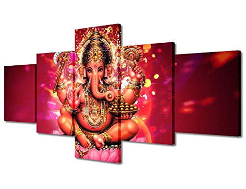Tumovo Wall Art For Living Room Hindu Lord Ganesh Wall Paintings Indian Religious Pictures Ganesh Chaturthi Home Decor 5 Panel Modern Artwork Framed Ready To Hang Posters And Prints (50''Wx24''H) #TOP26