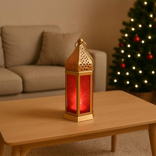 Image of MARKET 99 Metal & Glass Moroccan Lantern with Embossed Glass | Christmas & Holiday Candle Holder, Festive Home Decor, Diwali, Birthday & Wedding Decoration-Golden & Red | (Use LED T-Light only)