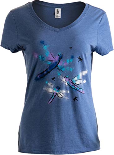 Dragonflies - Dragonfly Nature Art Insect Bug V-Neck T-Shirt for Women-(Vneck,XL) Vintage Blue