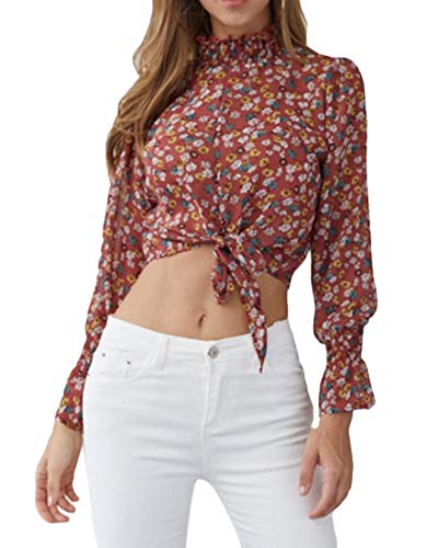 KLJR Camisa feminina de manga comprida com gola rolê e nó frontal, Two, Small