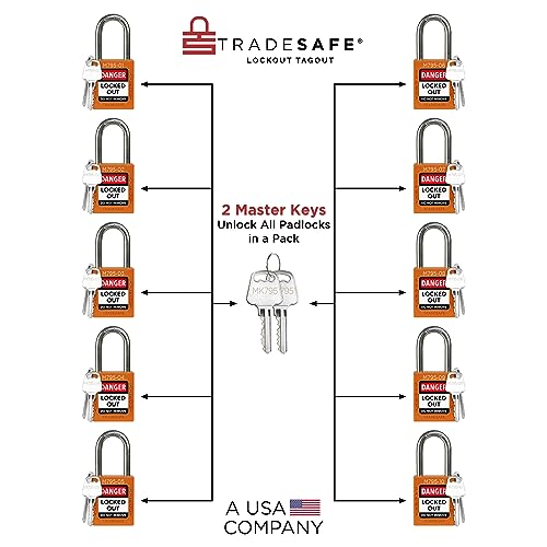 Image of TRADESAFE Lockout Tagout Locks Set with Master Keys - 10 Orange Loto Locks Keyed Different, OSHA Compliant Lock Out Tag Out Padlocks for Lockout Tagout Kit, 2 Keys Per Lock