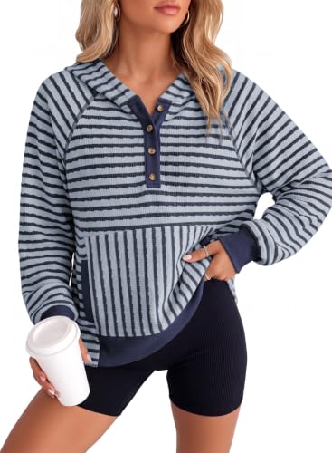 Dokotoo Striped Sweatshirt for Women Pullover Shirts Fall Outfits, Blue M - image 6