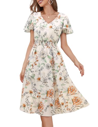 Image of Bridesmay Women's Summer Floral Midi Dress V Neck Short Sleeve A-Line Casual Beach Vacation Dresses Flowy