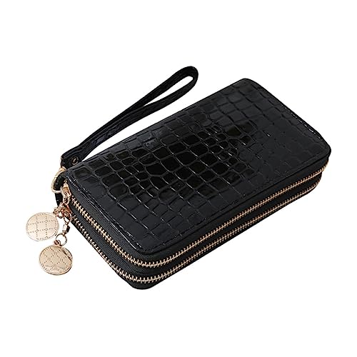 GALPADA Black Patent Leather Long Zipper Wallet for Women Large Capacity Dual Zip Purse with Multiple Card Slots Durable Soft PU Leather Cash Holder Portable and Practical Design