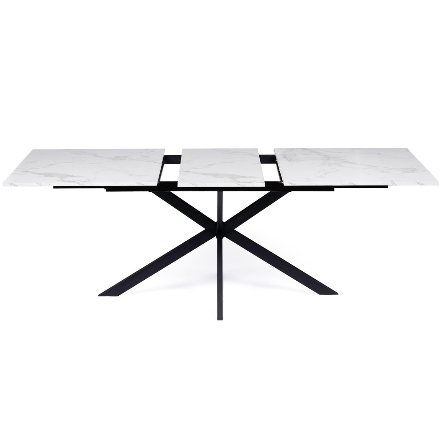 IDMarket – Mesa de comedor extensible rectangular Alix 6-10 personas, pie araña negro, bandeja efecto mármol blanco Alaska 160-200 cm