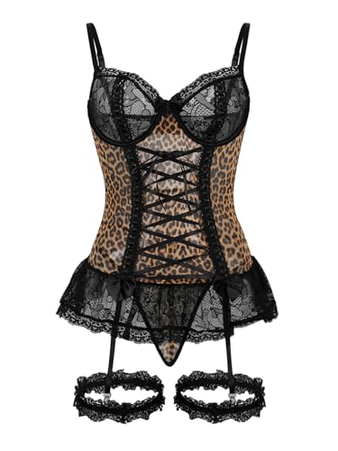 Image of Foxiny Sexy Mesh Corset Ruffle Lace Up Underwire Sheer Garter Belt Babydoll Lingerie Set With Thong 3 Piece Women