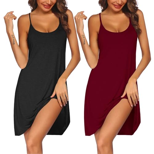 Image of Ekouaer 2 Pack Nightgown for Womens Nightshirt Sleepwear Sleep Tank Chemise Racerback Sleeveless Dress