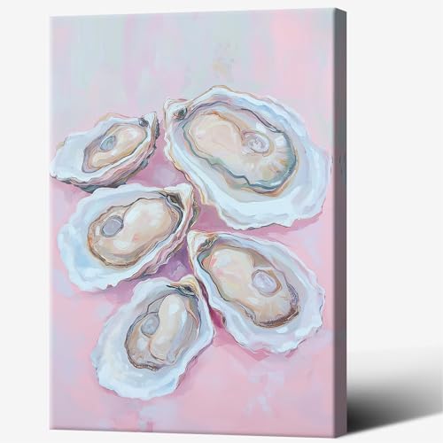 Image of Pastel Blue Oyster Shell Poster Abstract Beachy Shell Canvas Wall Art Trendy Colorful Coastal Shell Picture Prints Painting For Home Living Room Kitchen Restaurant Wall Decor 24x36in Framed