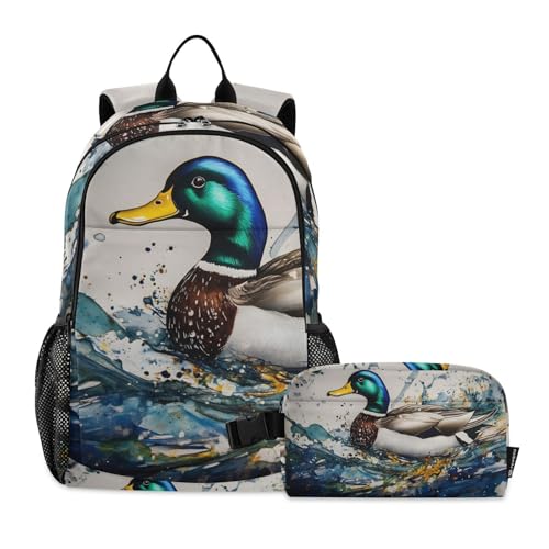 Travel Backpack Lunch Bag Set for Hiking Picnic, Backpacks with Insulated Lunch Box Wild Duck Painting Print