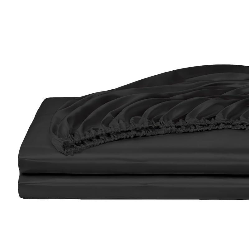 Image of Filbert - Premium Satin Fitted Bedsheet Single Bed (36x75 Inch) with 1 Pillow Cover | Hypoallergenic Breathable | Hair and Skin Friendly, Women Gift Choice|Midnight Black