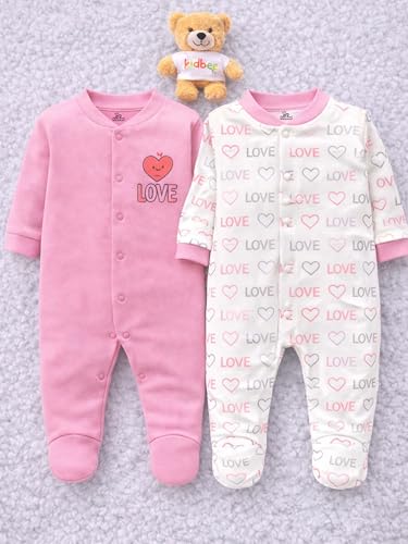 Image of Kidbee Baby Cotton Romper Pack of 2 | 100% Soft Cotton Hosiery | Front Open Snap Buttons | Full Sleeve Footed Sleepsuit | Newborn Baby Clothing Set