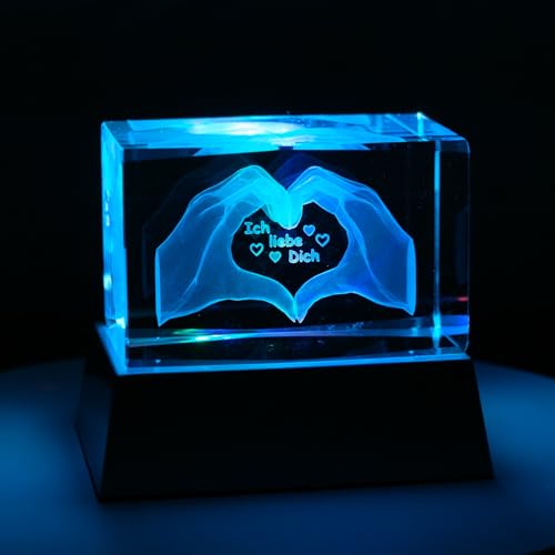 Sfeerlicht - Het perfecte cadeau: kristalglazen blok met 3D-gravure/Ich liebe dich cadeaus voor vrouwen, mannen/jubileumcadeau voor haar, hem/gravure hart/nachtlampje