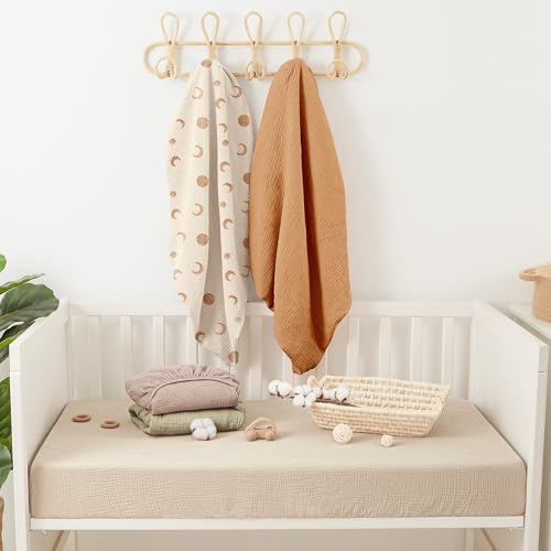 Image of Bearmoss Muslin Mini Crib Sheets for Pack N Play Mattress - 100% Cotton - 38 inchx26 inch Soft Breathable Playard Baby Crib Sheets Neutral for Boys Girls - 2 Pack (Brown Moon)
