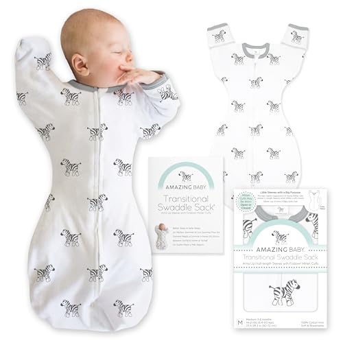 Image of Amazing Baby Transitional Swaddle Sack, Arms Up Half-Length Sleeves & Mitten Cuffs, Swaddle for Newborn Transition to Baby Sleep Sack Wearable Blanket, Small, 0-3 Month, 6-14 lb, Little Zebra