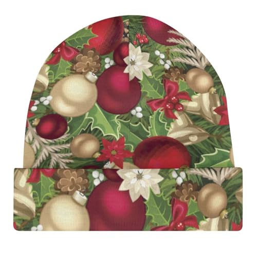 Blooming Poinsettia Holly Berry Christmas Pattern Kids Beanie Hat for for Girls Boys Children Cap Winter Knitted Chemo Cancer Headwear Accessories Gifts Decoration Black4