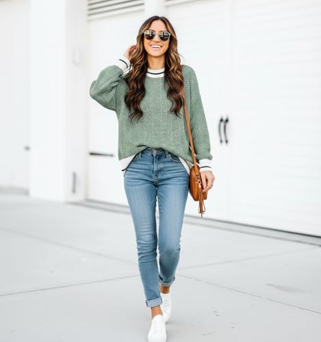 Image of Womens Oversized Sweaters Fall 2026 Fashion Clothes Colorblock Knit Tops | ETCYY Striped Sweaters For Women Trendy,Batwing Sleeve Oversized Sweater Pullover Tops,Cute,Spring Winter Fall Outfits