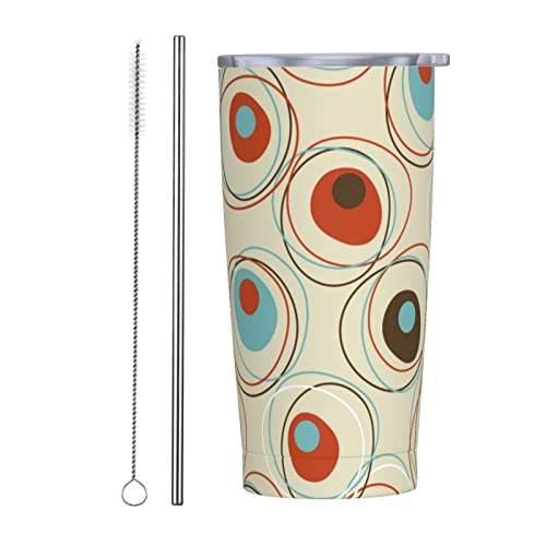 LOUJIN Taza de café de viaje aislada de acero inoxidable de 550 ml, taza de viaje con tapa a prueba de fugas, popote y cepillo para popote, cuadrícula moderna abstracta de mediados de siglo
