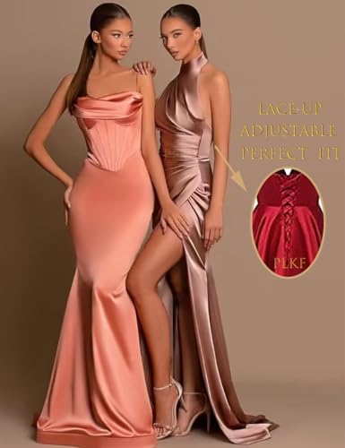 Image of Halter Bridesmaid Dresses Long with Slit Satin Prom Dress Pleated Mermaid Formal Gown Evening Dress