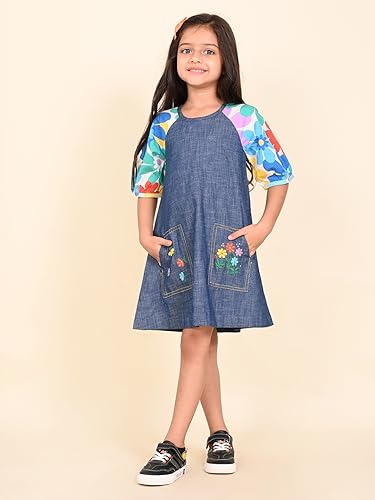 Image of LILPICKS Printed Sleeves A-line Solid Pocket DressFor Girls (Blue)