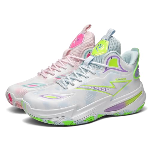 KIUSMETY Girls Boys Basketball Shoes High-Top Volleyball Big Kids Non-Slip Lightweight Indoor Outdoor Sport School Sneakers for Youth Greenpink Size 3 Big Kid