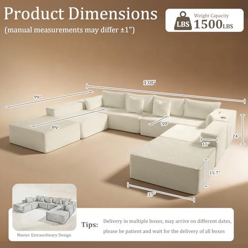 Image of 138 inch Cloud Sectional Couch, Comfort U Shaped Sofa for Living Room, Extra Deep Seats No Assembly, Minimalist Modular Couch, Corduroy (Cream, 8 Seats,U-Shape A)