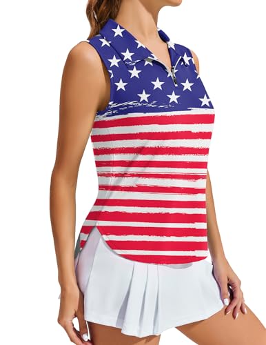 Image of PINSPARK Women Golf Shirts Sleeveless UPF 50+ Tennis Polo V-Neck Quick Dry Athletic T Shirt 1 /4 Zip Collar Workout Tank Top