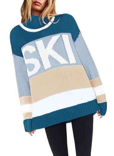 Image of Yousify Womens Sweaters Fall 2025 Oversized Color Block Ski Sweater Crewneck Winter Tops S-2XL