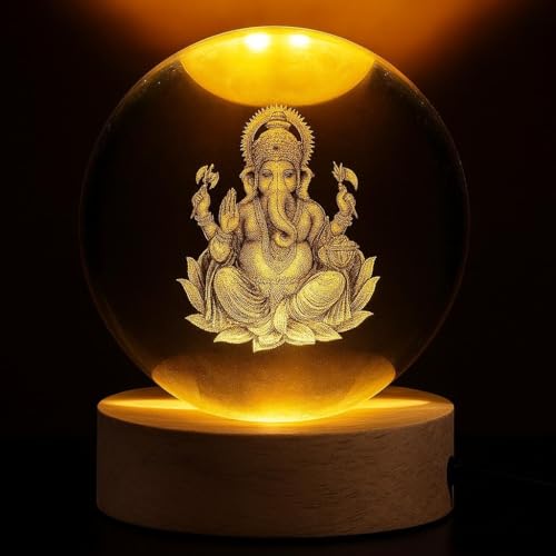 Image of STARKENDY3D Ganpati Crystal Ball LED Night Lamp, Creative Engraved Night Light Wooden Base, Warm White Decorative Table Lamp for Home, Office, Bedroom, Birthday Gift