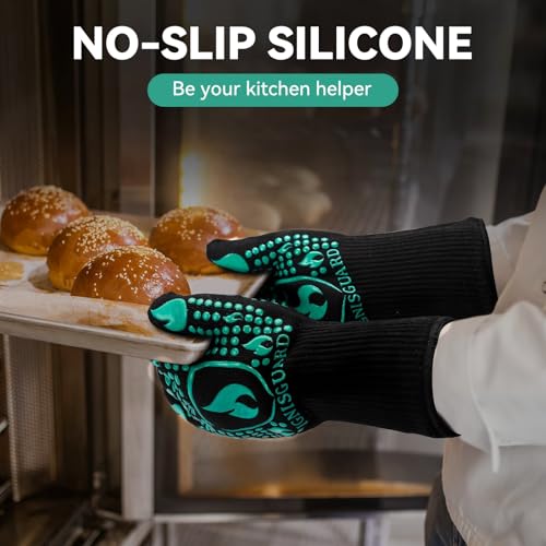 Image of BBQ & Grill Gloves, Oven Gloves, 1472F Silicone Oven Mitts Heat Resistant Grilling Gloves Fireproof Non-Slip for Barbecue Cooking Baking Smoking, 1-Pair (Green, Large)