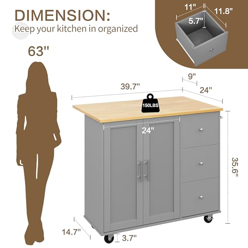 Image of SUNLEI Kitchen Island on Wheels with Storage Cabinet & Foldable Drop Leaf, Rolling Kitchen Table, Cart Handle for Towel Rack, Drop Leaf, Portable Islands for Kitchen (Cement Gray, 39.7-INCH)