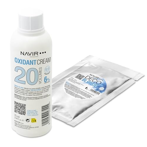 NAVIR Profesional | Pack decoloración cabello | Decoblonde polvo decolorante azul hasta 7 tonos con Keratina + Agua oxigenada en crema | Pelo mujer y hombre (Polvo 25g + Agua 75ml 20 Vol)
