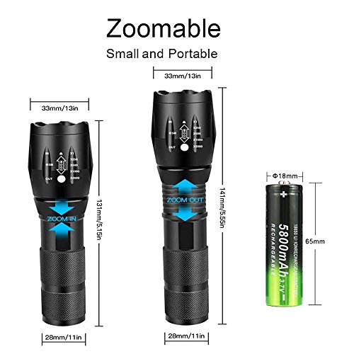 Super Bright 2000 Lumen 18650 Tactical Flashlight and 6x 3.7V Rechargeable High-Capacity Battery with Batteries Charger,Adjustable Focus and 5 Light Modes Handheld Flashlight for Camping Hiking