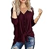 IWOLLENCE-Womens-Waffle-Knit-Tunic-Blouse-Tie-Knot-Henley-Tops-Loose-Fitting-Bat-Wing-Plain-Shirts IWOLLENCE Womens Loose Henley Blouse Bat Wing Long Sleeve Button Down T Shirts Tie Front Knot Tops Wine Red Large