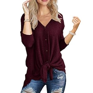 IWOLLENCE Womens Loose Henley Blouse Bat Wing Long Sleeve Button Down T Shirts Tie Front Knot Tops Wine Red Large