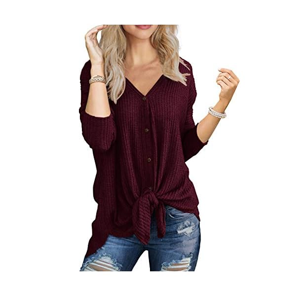 IWOLLENCE-Womens-Waffle-Knit-Tunic-Blouse-Tie-Knot-Henley-Tops-Loose-Fitting-Bat-Wing-Plain-Shirts IWOLLENCE Womens Loose Henley Blouse Bat Wing Long Sleeve Button Down T Shirts Tie Front Knot Tops Wine Red Large