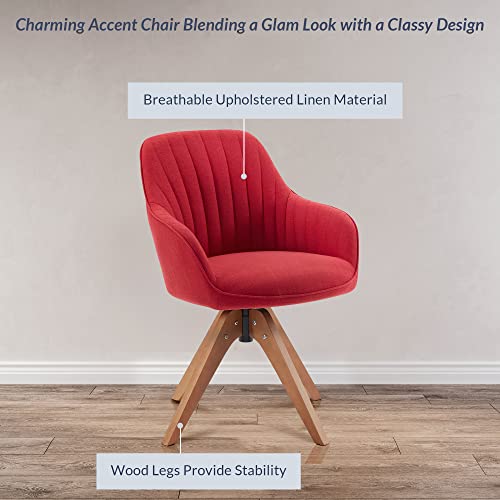 Belleze Mid Century Swivel Chair, Modern Makeup Vanity Chair, Upholstered Linen Accent Armchair With Dark Oak Wood Legs For Home Office Study Living Room Bedroom, Red #TOP3