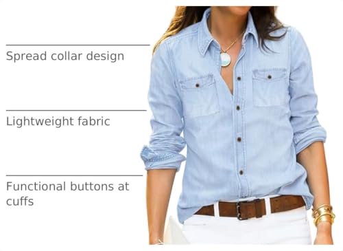 Vetinee Women's Light Blue Button Down Denim Shirt Collared Classical Casual Vintage Retro Long Sleeve Pockets Tunic Fall Tops Blouse Size Large - image 4