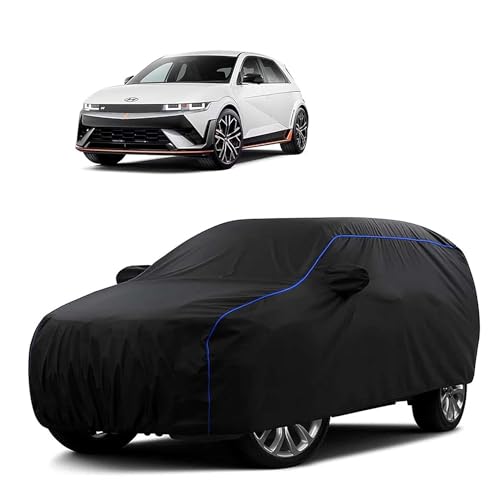 Image of Sulfar 100% Water Resistant Car Body Cover Compatible with Mirror for Hyundai IONIQ 5 (Triple Stitched, Full Bottom Elastic, Black Tafetta with Blue Piping)