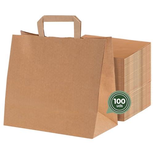 MAXI PRODUCTS - 100 Bolsas Papel Kraft con Asa Plana - 40 x 12 x 32 cm - Bolsas Regalo - Bolsitas Regalo Personalizables - Eventos y Hotelería - Comunión, Cumpleaños, Bodas - PERSONALIZABLES