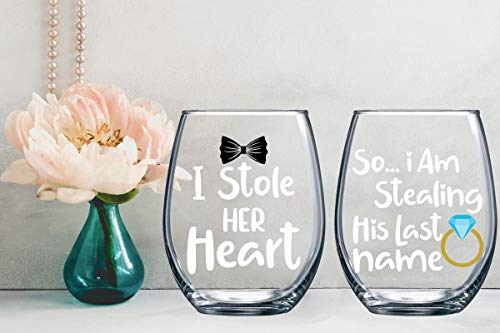 I Stole Her Heart So I'm Stealing - 15Oz Wine Glass Set Of 2 Fiance Fiancee Funny Wedding Engagement Gifts Idea For Husband Wife Bride Groom Mr And Mrs His And Hers Anniversary Couple - By Funnwear #TOP1