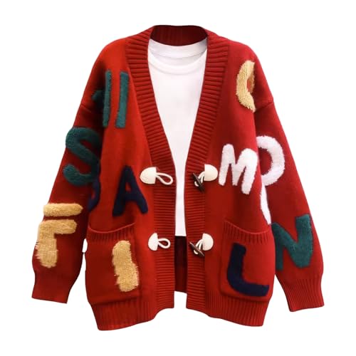 Image of ebossy Women's Cute Alpha Embroidery Cable Knit Cardigans Horn Button Sheep V Neck Slouchy Sweater Coat