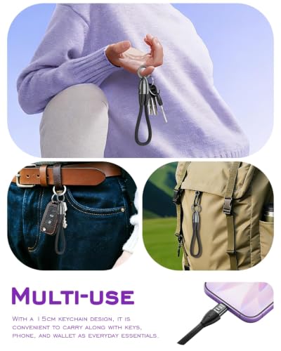 Image of USB C Short Charging Data Cable Lanyard Anti-Drop Wrist Strap Keychain PD 240W 5A Fast Charging Phone Wrist Strap (30cm) Type C Charging Cord Braided 480mbps Data Transfer