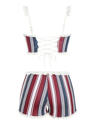 Image of ZAFUL Womens High Waisted Bikini Sets 2 Piece Plaid Ruffle Swimsuits Back Strap Top with High Waisted Shorts Bathing Suit